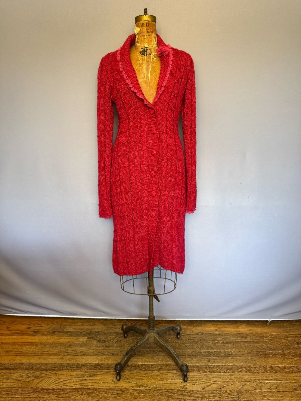 Betsey Johnson Red Cable Knit Long Cardigan Duster with Lace Flower Detail - Med